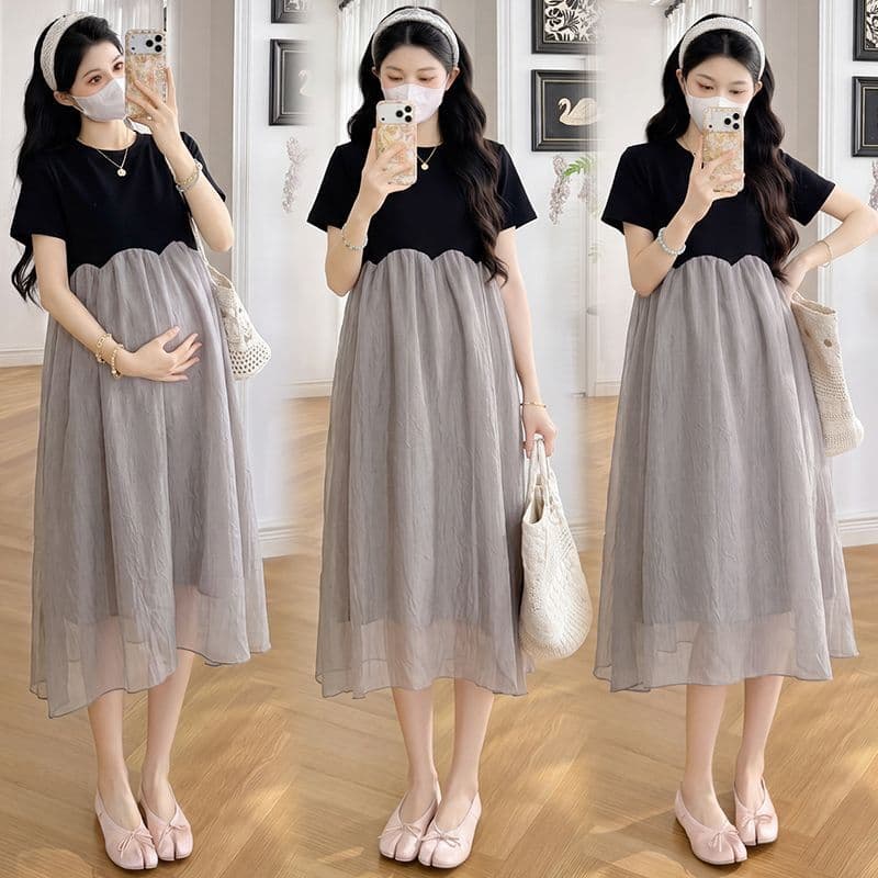 Real-shot Age-defying Maternity Dress Summer New Style Patchwork Chiffon Dress Two-piece Look Skirt