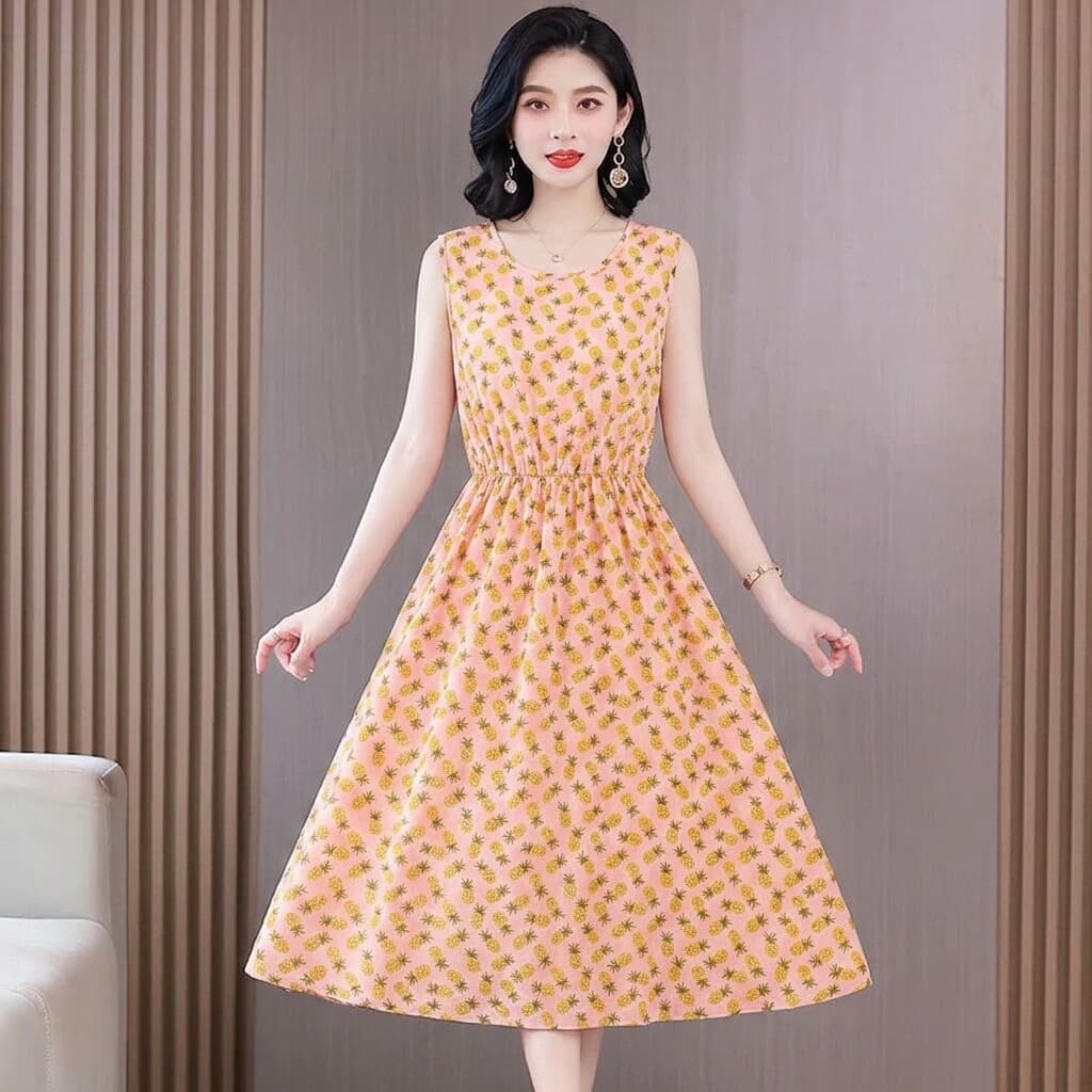 Clearance Sale~ High-Quality Sleeveless Pineapple Print Dress for Women, Summer Waist-Slimming Midi Dress for Moms, Lightweight