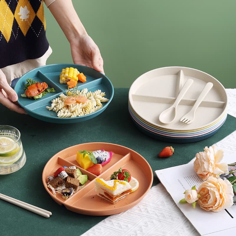 Wheat Straw Divided Plate Japanese Style High Appearance Round Plate Weight Loss Plate Home Creative Fruit Plate Breakfast Plate