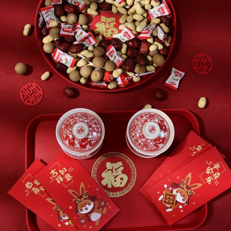 Wedding Celebration Tray with Double Happiness Character, Square and Round Plates for Tea Serving, Fruit Tray, Tea Cup Tray, Chinese Wedding Style