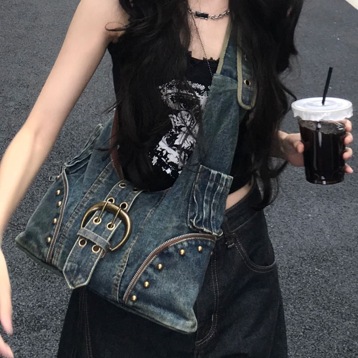 American Retro Denim Bag Street Trendy Crossbody Bag Student Commuter Large Capacity High Design Sense Tote Bag for Women