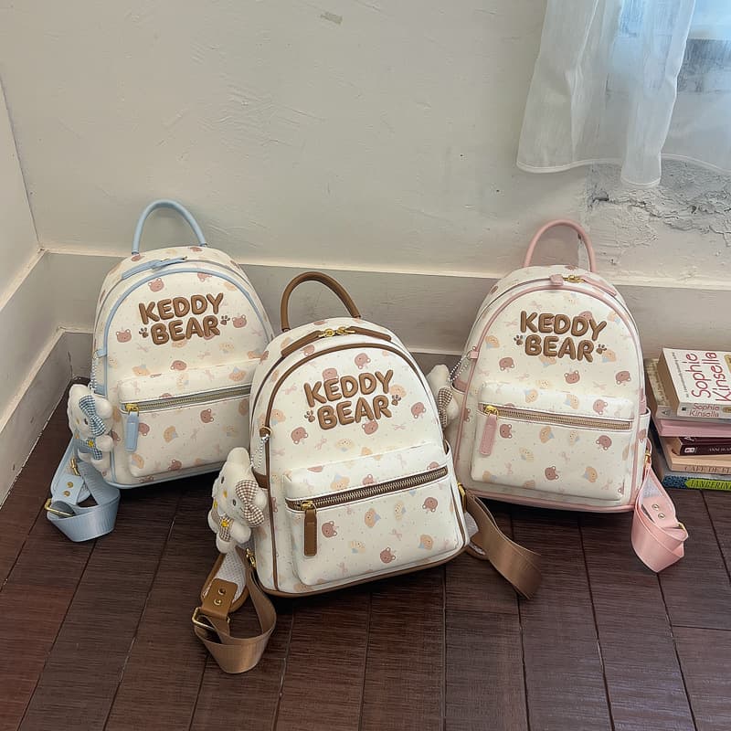 Cute Bear Print Backpack for Girls Student School Bag Korean Style Lightweight Travel Backpack Girly Fashion Versatile