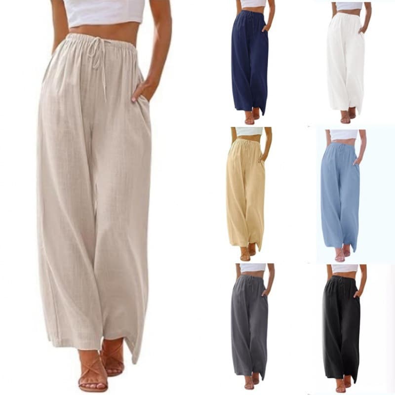 2024 Amazon eBay AliExpress Plus Size Women's Linen Loose Casual Drawstring Wide Leg Pants with Pockets