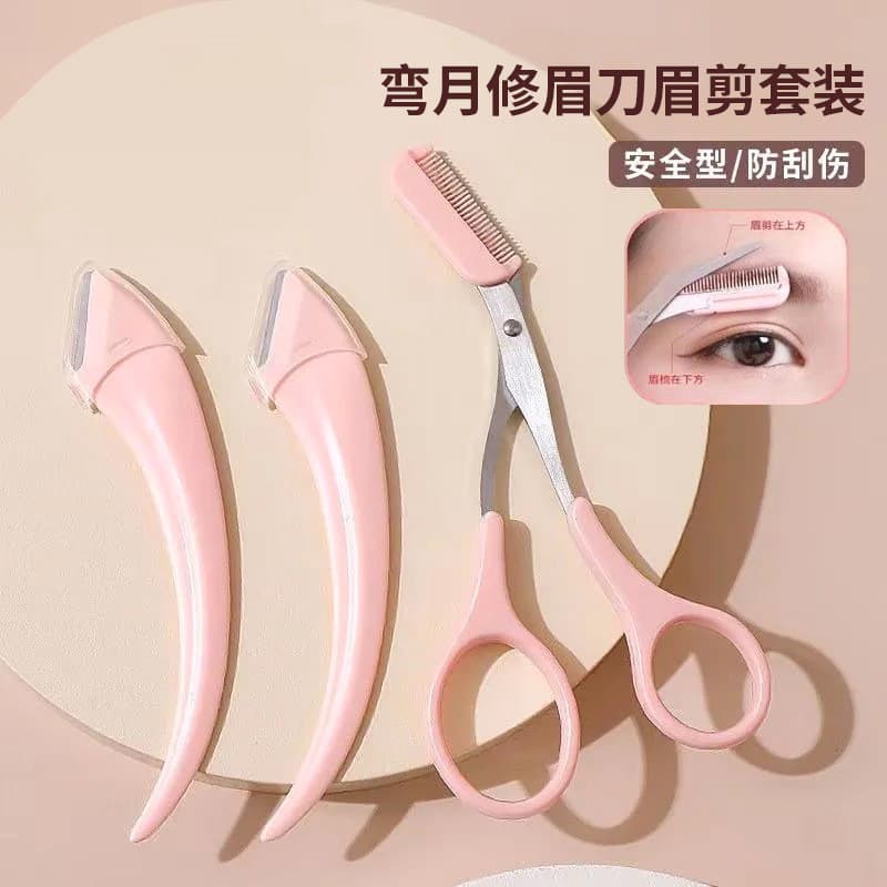 Cross-border Dropshipping Eyebrow Trimmer Micro Scissors Eyebrow Razor Scissors Comb Lady Curved Moon Eyebrow Knife Set