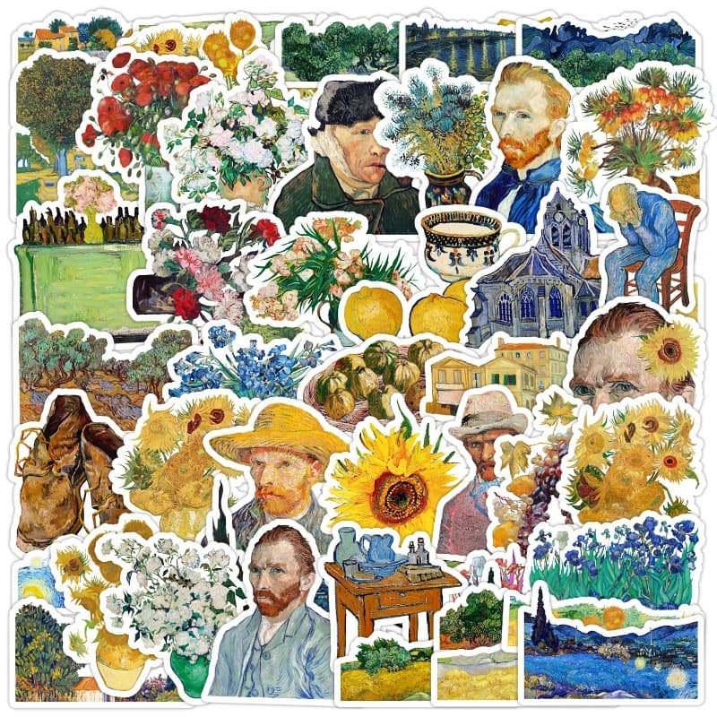 Cross-border 50/100pcs Van Gogh Style Oil Painting Art Graffiti Stickers Water Cup Phone Waterproof Decorative Stickers Bulk