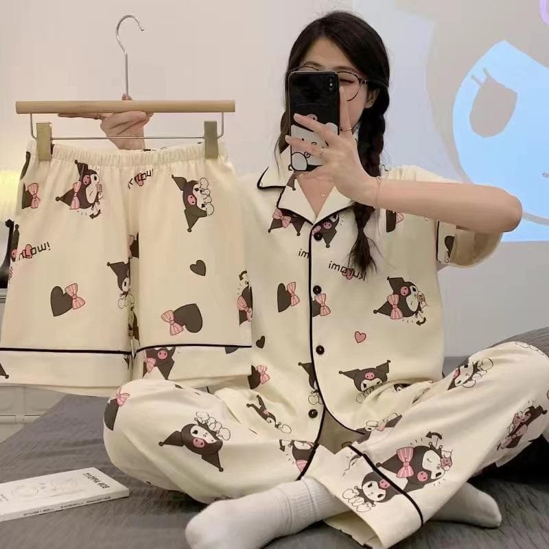 Summer Short Sleeve Three-Piece Pajama Set for Women, Korean Style, Internet Celebrity Ins Style, Student Girl Ladies' Homewear Set, Wearable Outside