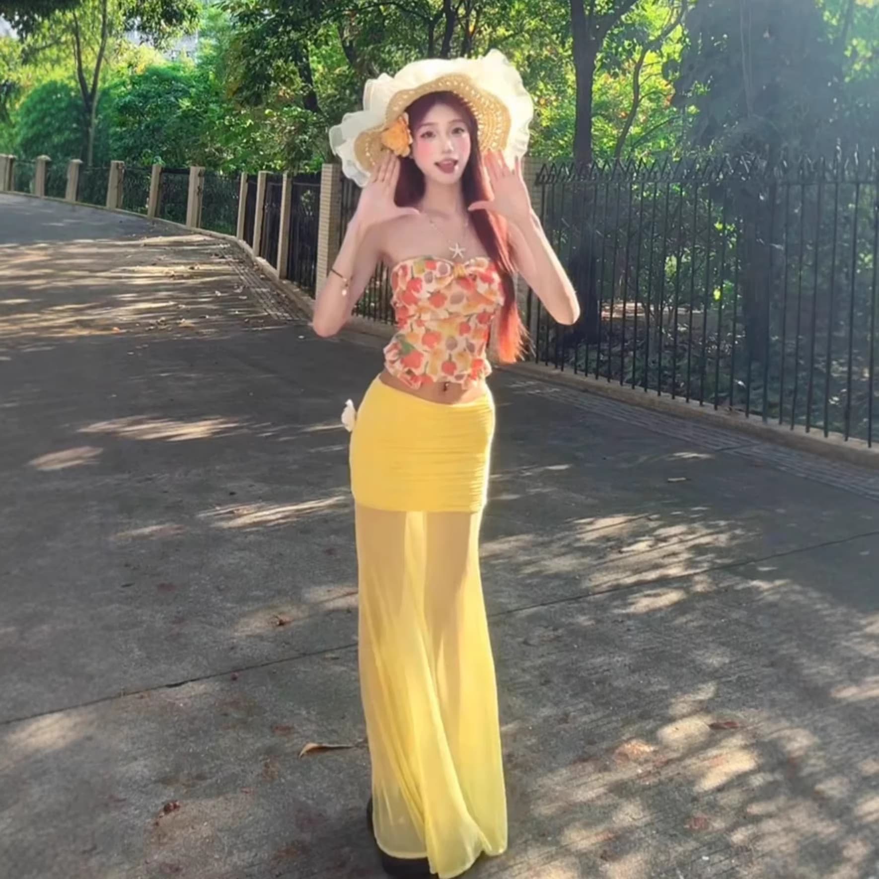 Summer Beach Vacation Floral Print Tube Top and Yellow Mesh Bodycon Skirt Two-Piece Set for Women