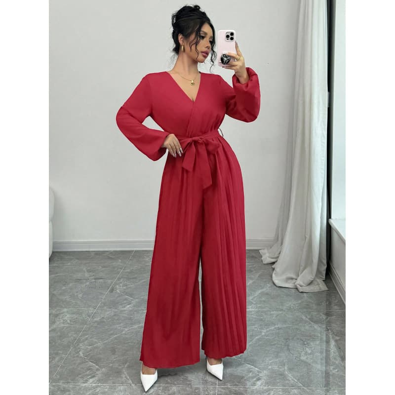 Real shot foreign trade 1688 European and American puff sleeve V-neck tie waist pleated wide-leg jumpsuit