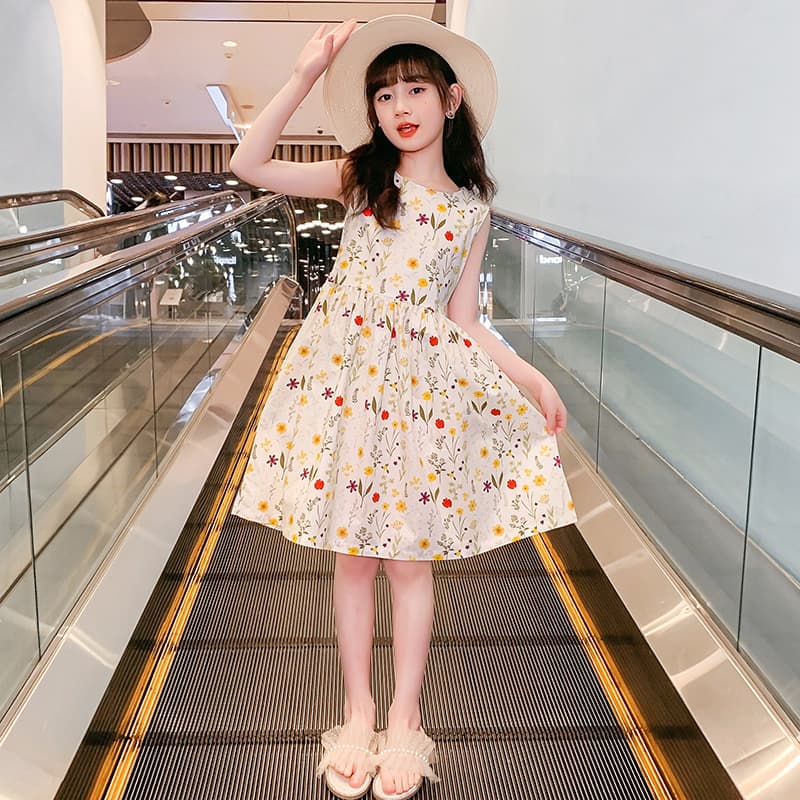 Girls Summer Cotton Dress Floral Print Princess Long Dress with Belt Waist Cinching Garden Style Vacation Travel