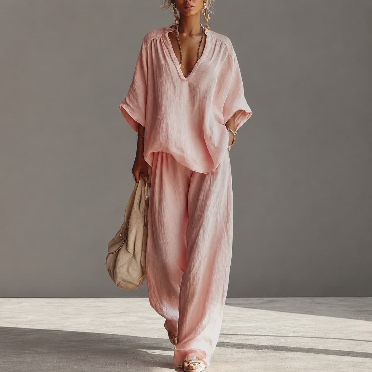 2026 Amazon Independent Store Bestseller Women's Casual Loungewear Loose V-Neck Top Wide-Leg Pants Set