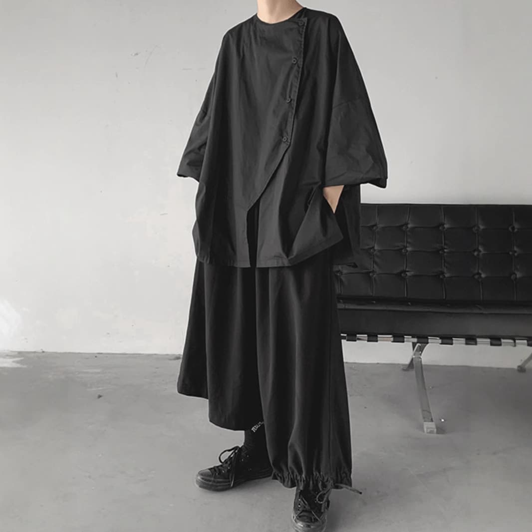 Loose Men's Oversize Shirt Asymmetric Silhouette Seven-Quarter Sleeve Dark Style Casual Summer Top Male Fashion Clothing
