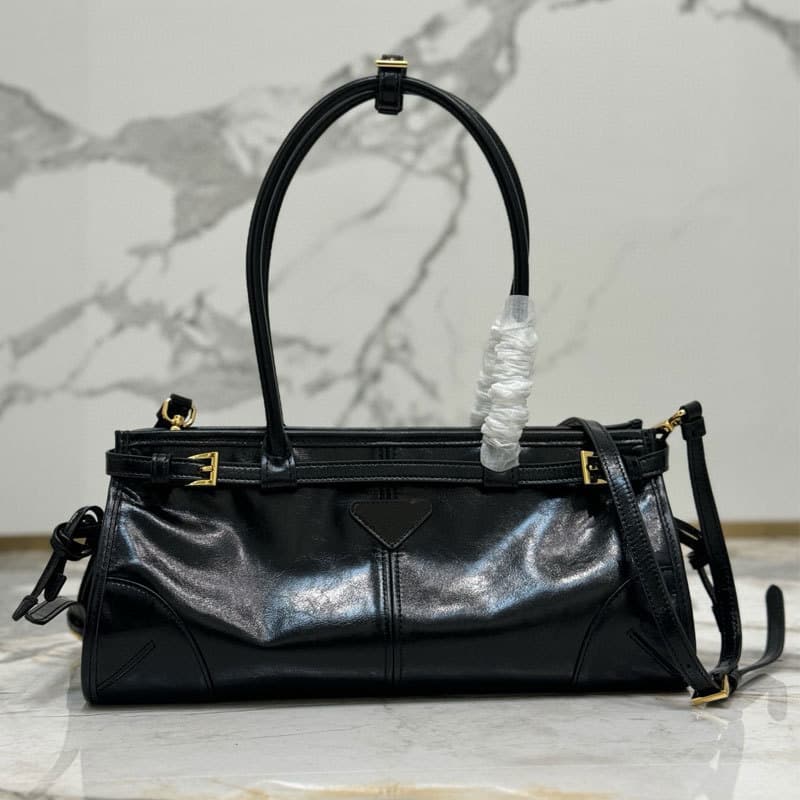 Prada Soft Lux Oil-Waxed Leather Motorcycle Tote Bag, Long Handle Underarm Women's Bag, Short Handle Bag