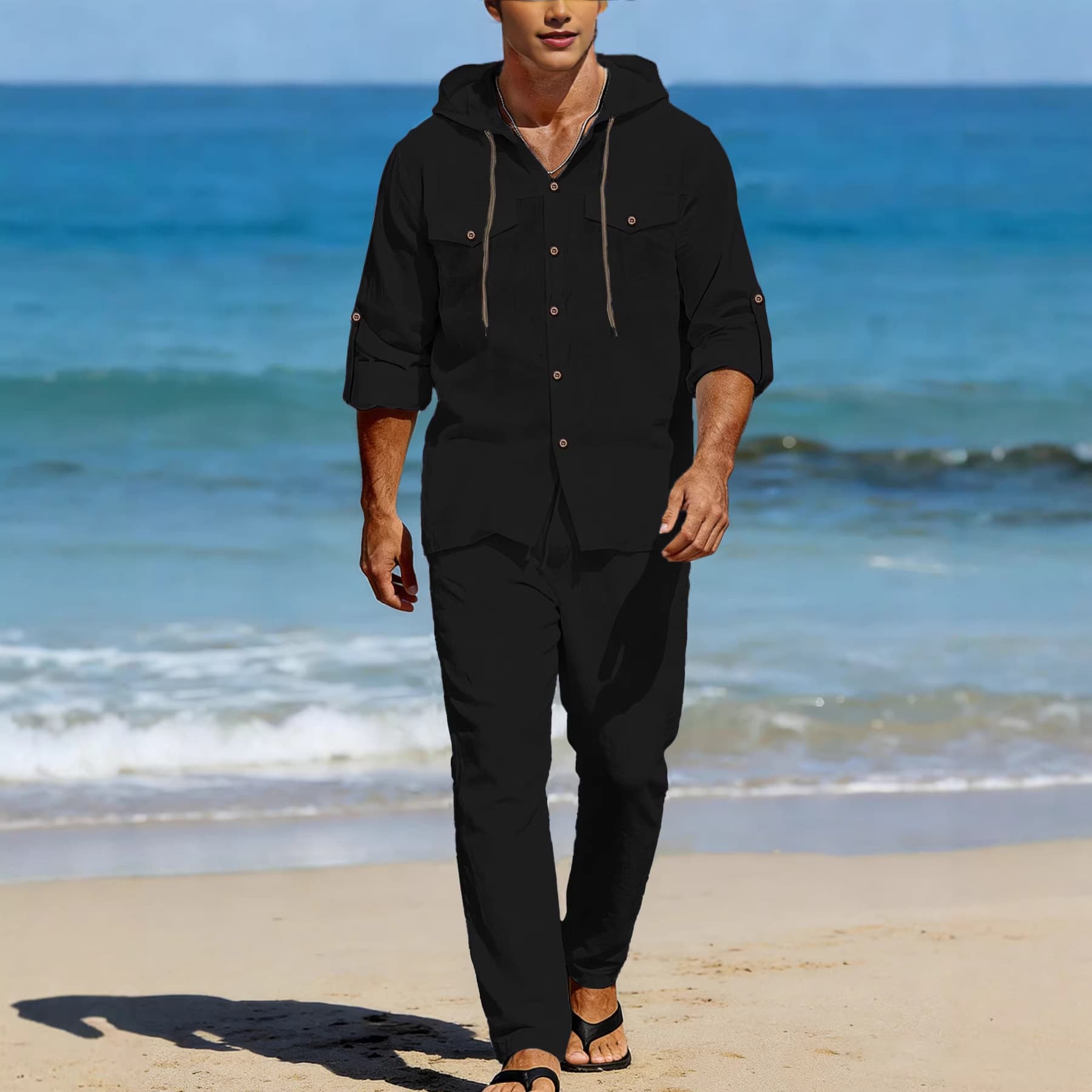 New men's linen long-sleeved casual tops linen trousers casual fashion suits