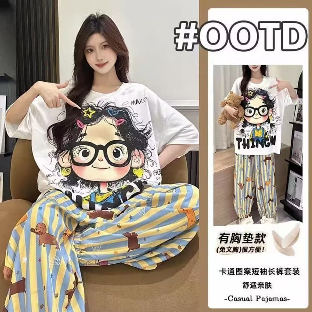 120g Bestseller Pajama Set with Padded Top for Women Short Sleeve Long Pants Summer Loungewear Cloud Cotton Wear-Out Style