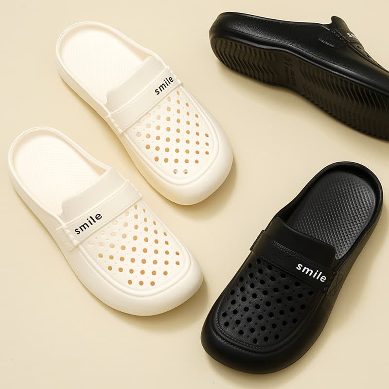 Summer EVA Women's Closed-Toe Lace-Up Hollow Beach Sandals with Holes, Sweet Flat Slippers