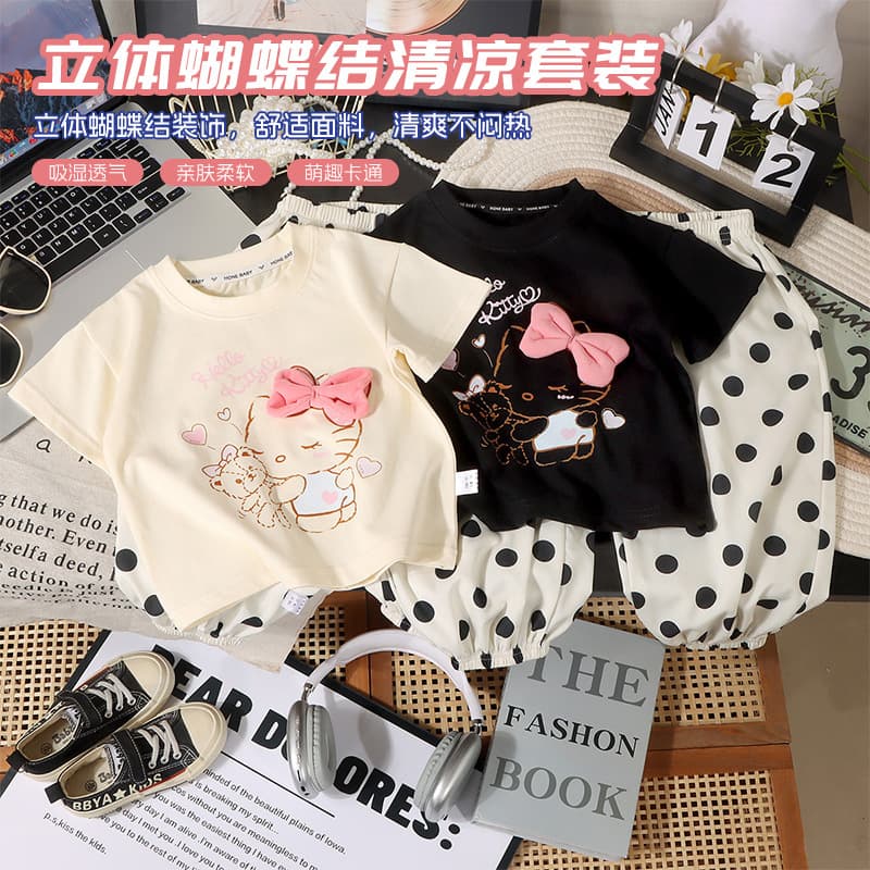 Children's summer short-sleeved suit, girl's T-shirt, cartoon cotton polka-dot pants, Korean version of baby girl's sweet clothing wholesale a