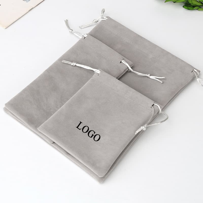 Grey velvet drawstring bag, large capacity with printable logo for headphones and power bank storage, wholesale velvet drawstring bags