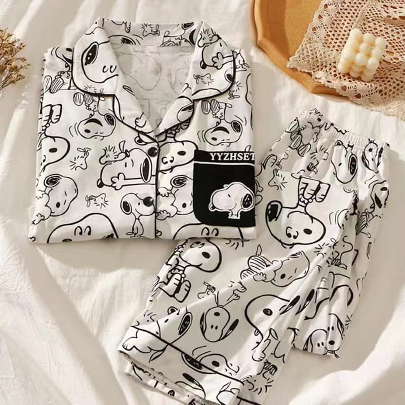 Snugly Cartoon Patterned Summer Silk Long Sleeve Long Pants Comfortable Warm Home Clothes Set Polyester Fiber Lightweight Sleepwear