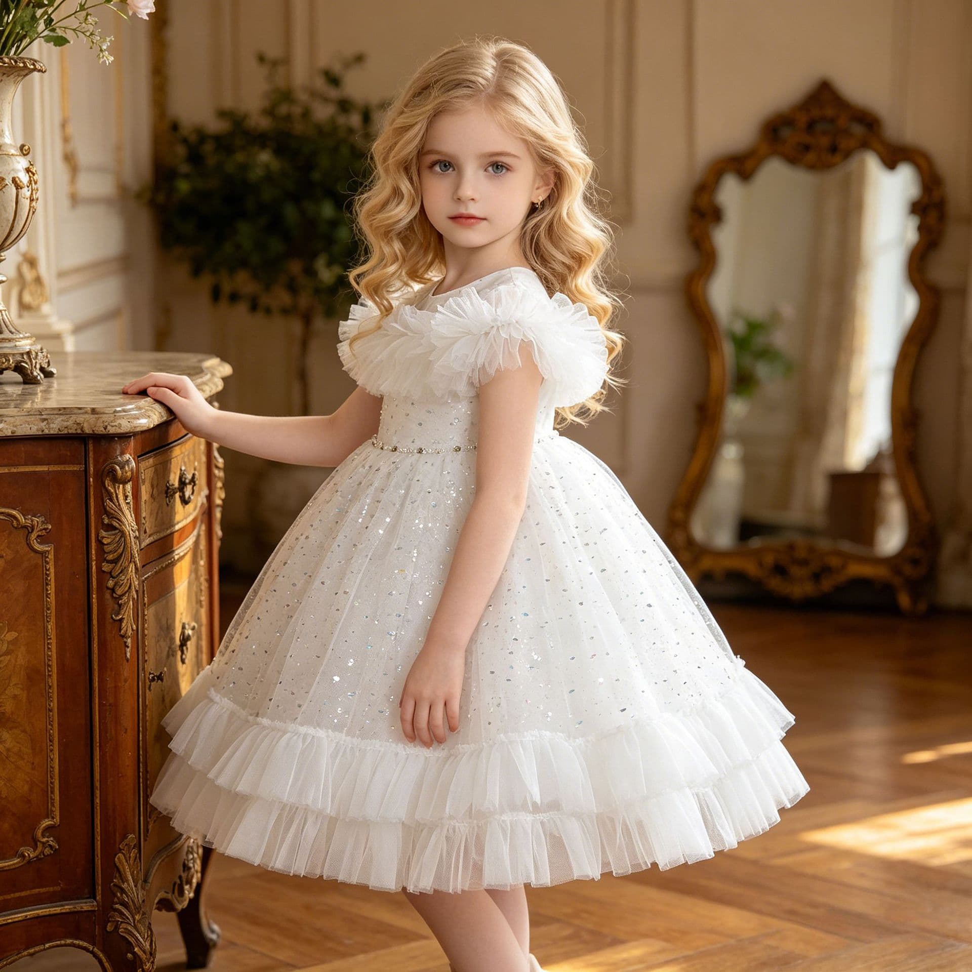 Amazon's New Wedding Dress Mesh Dress for Girls Princess Wedding Fluffy Party Ball Bow Children's Dress