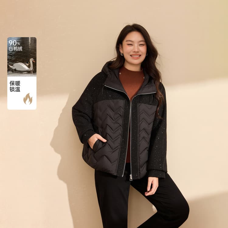 【Sequin Knit Patchwork Puffer】90% Duck Down Warm Coat, Xianlixiu Plus Size Women's New Winter Style for Curvy MM