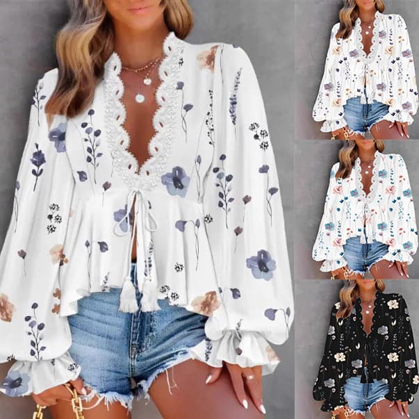 2025 Spring Autumn Cross-border New Amazon Wish European American Women's V-Neck Lace Patch Print Blouse Shirt
