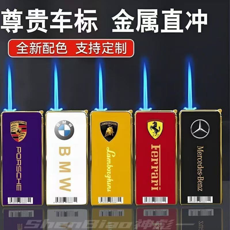 High-grade metal windproof jet lighters with thickened iron case, blue flame, car logo design, slanted ignition, wholesale available.
