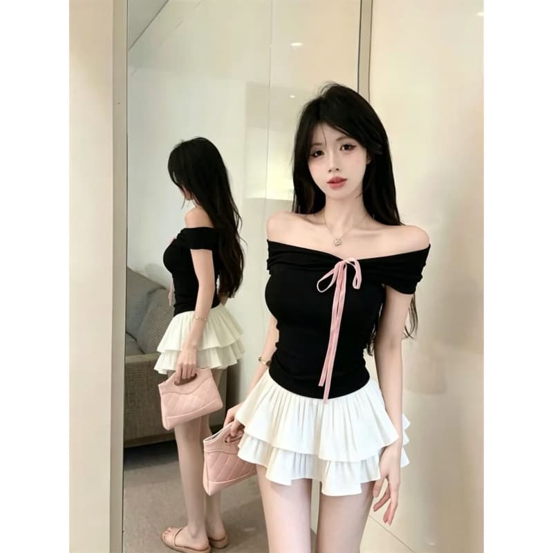 Pure Desire Style Butterfly Knot One-Shoulder Top + Cake Skirt Set Women's Summer Hot Girl Slim Waist Two-Piece Set Trendy