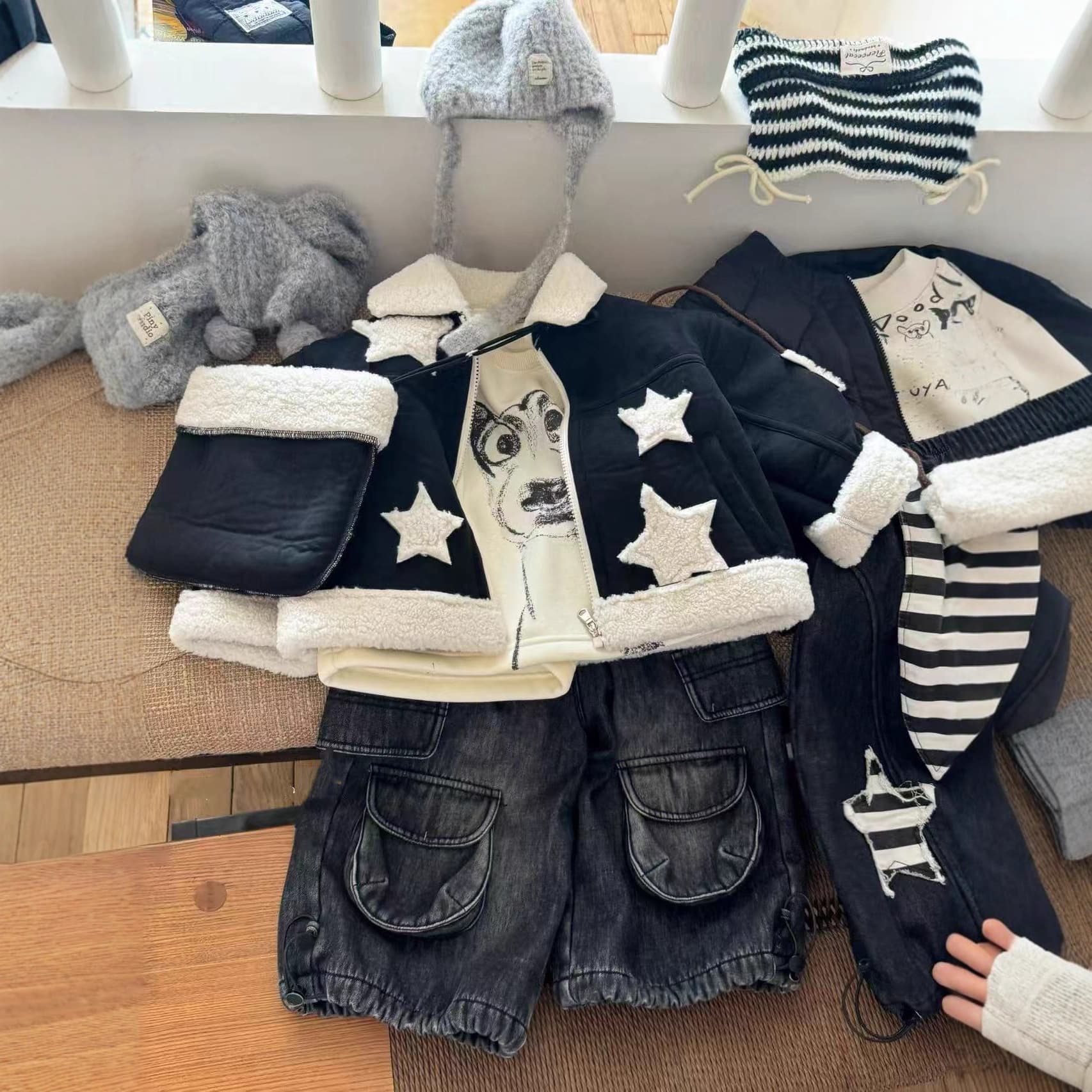 Shanban Korean-style Boys Winter New Turn-down Collar Star Fleece Jacket Casual Faux Fur Lined Coat