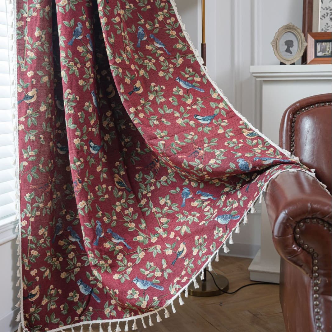 Yiman Qiyun Curtain Red Festival Floral Jacquard Tassel Curtain Ready-Made Kitchen Curtain Bay Window Semi-Sheer