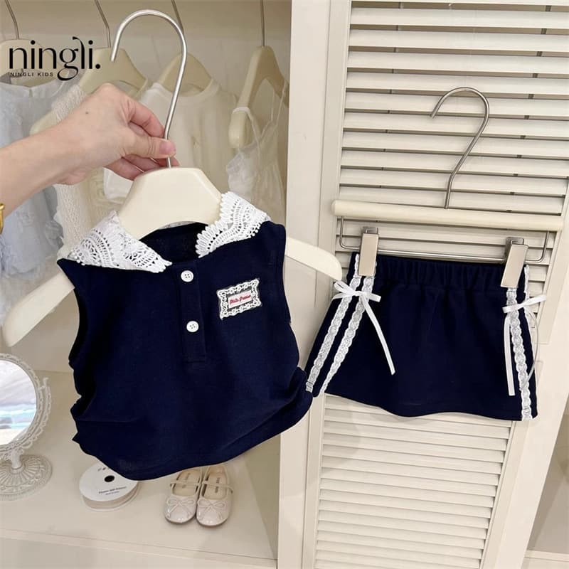 Ningli Girls Summer Set New Fashionable Korean Style Sweet Lace Baby Cotton Casual Loose