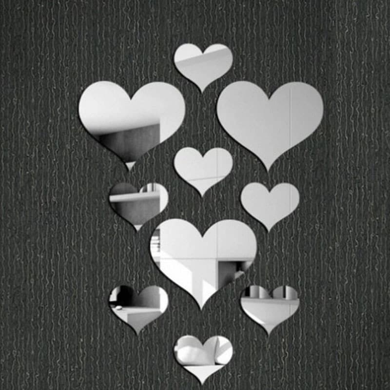 10-Piece Heart Mirror Wall Sticker, 3D Self-Adhesive Heart-Shaped Decoration for Living Room and Bedroom Walls