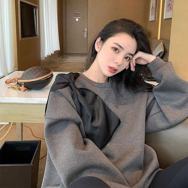 Crewneck Sweatshirt Women Autumn Winter Hot Style High-End Bowknot Unique Oversized Mid-Length Fleece-Lined Top 3160