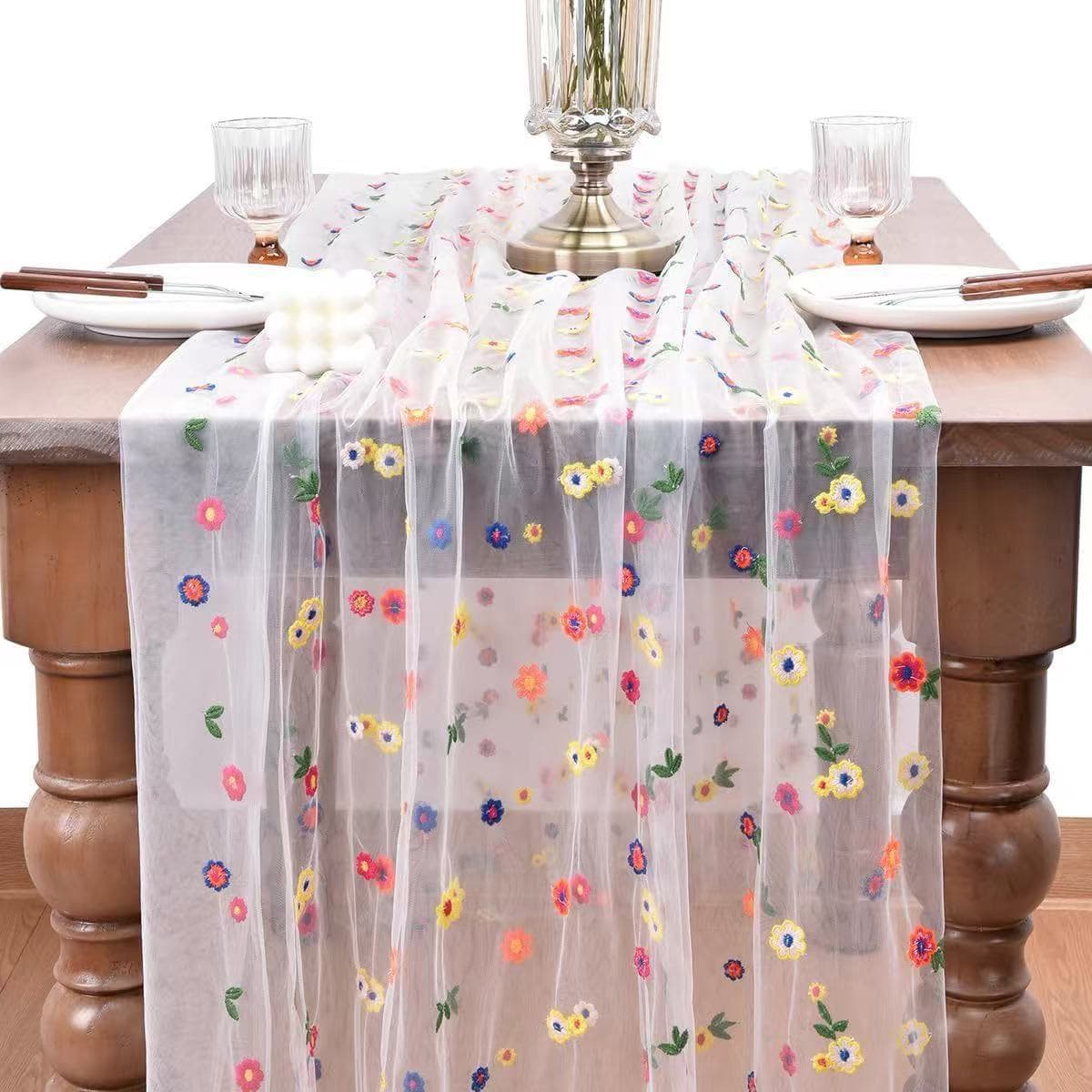 New Embroidered Daisy Mesh Table Flag Tulle Tablecloth Party Wedding Outdoor Decoration Small Floral Children's Stall