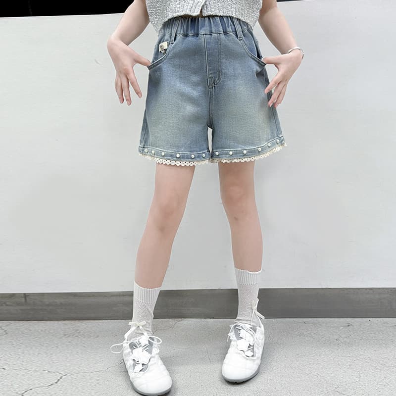 Girls' Denim Shorts for Summer, Thin Loose Fashion Lace Korean Style Versatile Pants for Girls