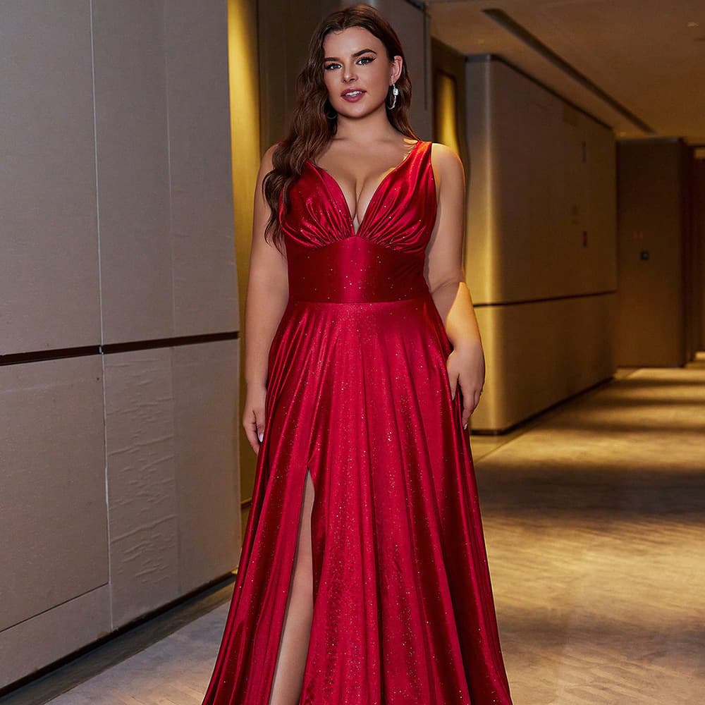Elegant Long Evening Dress Fashionable Slim Fit Party Dress Large Size Polyester Fiber V-neck Orange Color Spring Summer
