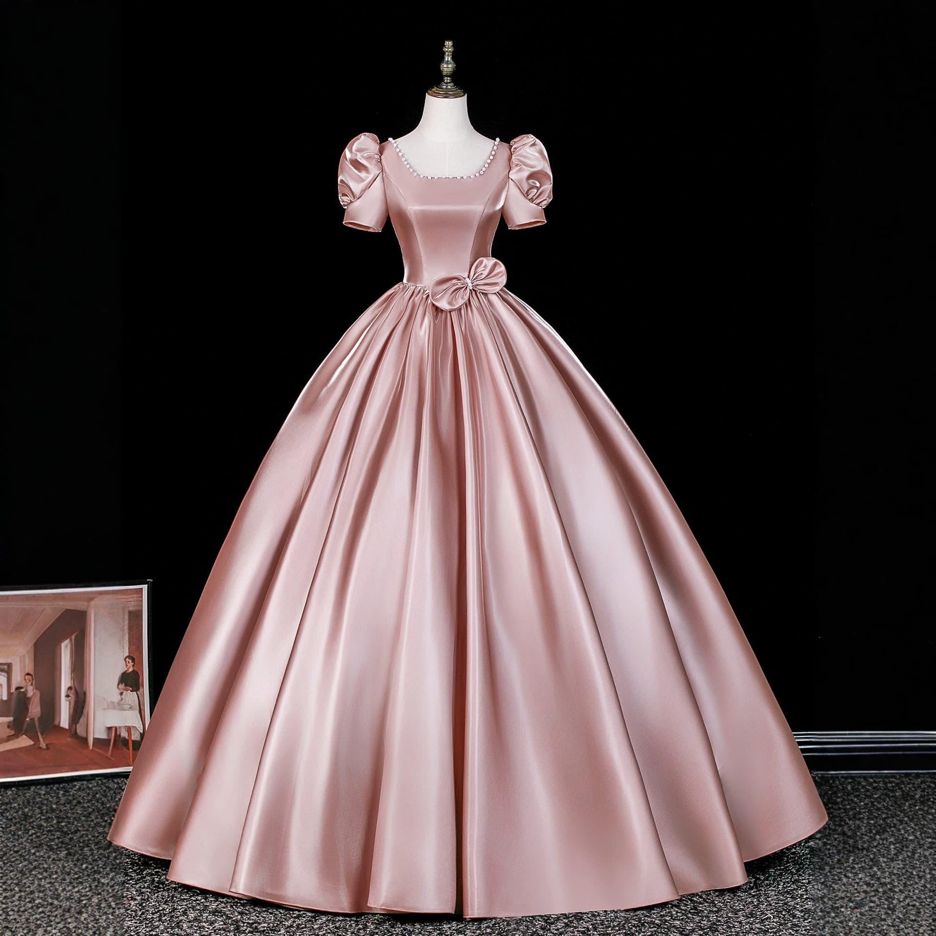 French Bubble Sleeve Satin Evening Dress Women Princess Gown Adult Ceremony Graduation Dress Host Art Exam Performance Costume