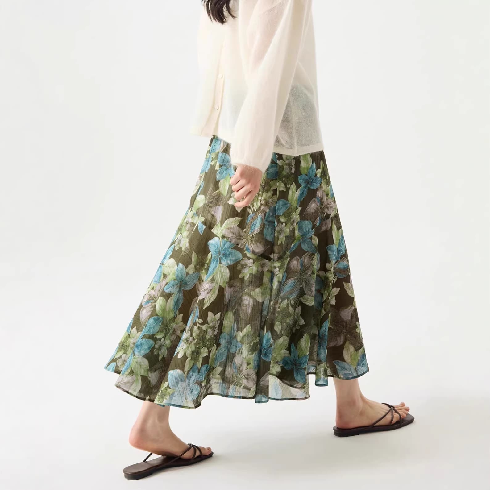 pre/ Original Quality Chunye Flowing Romantic Tencel Crinkled Print Elastic Waist Skirt Special