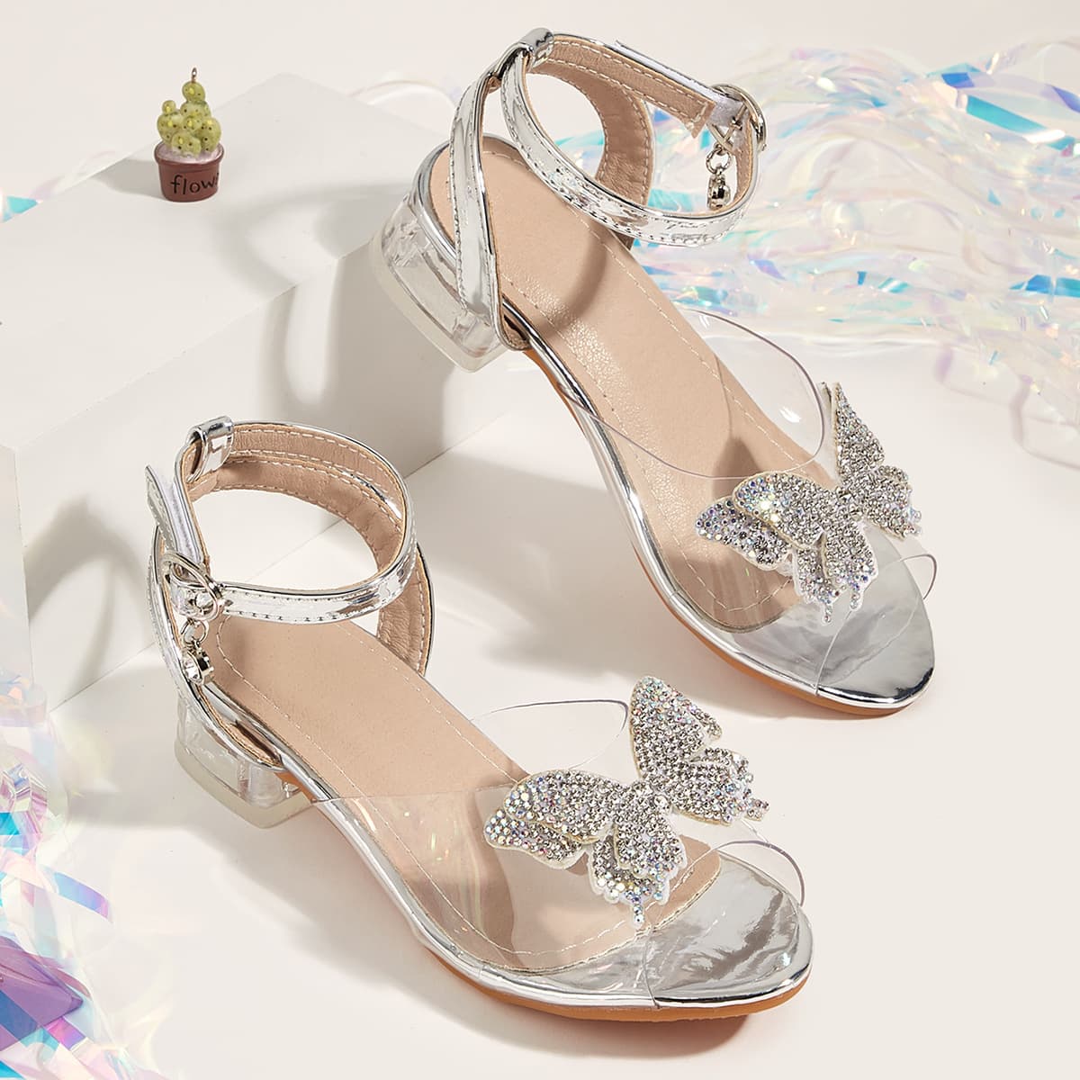 2025 Summer New Bow Chunky Heel Sandals for Women, Transparent Strap High Heels with Rhinestone Peep-Toe Princess Shoes