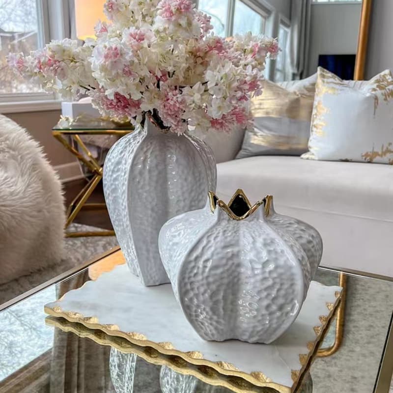 Electroplated Creative Gold Ceramic Open Mouth Vase for Hotel, Restaurant, Showroom, Wedding, Living Room Coffee Table Decoration