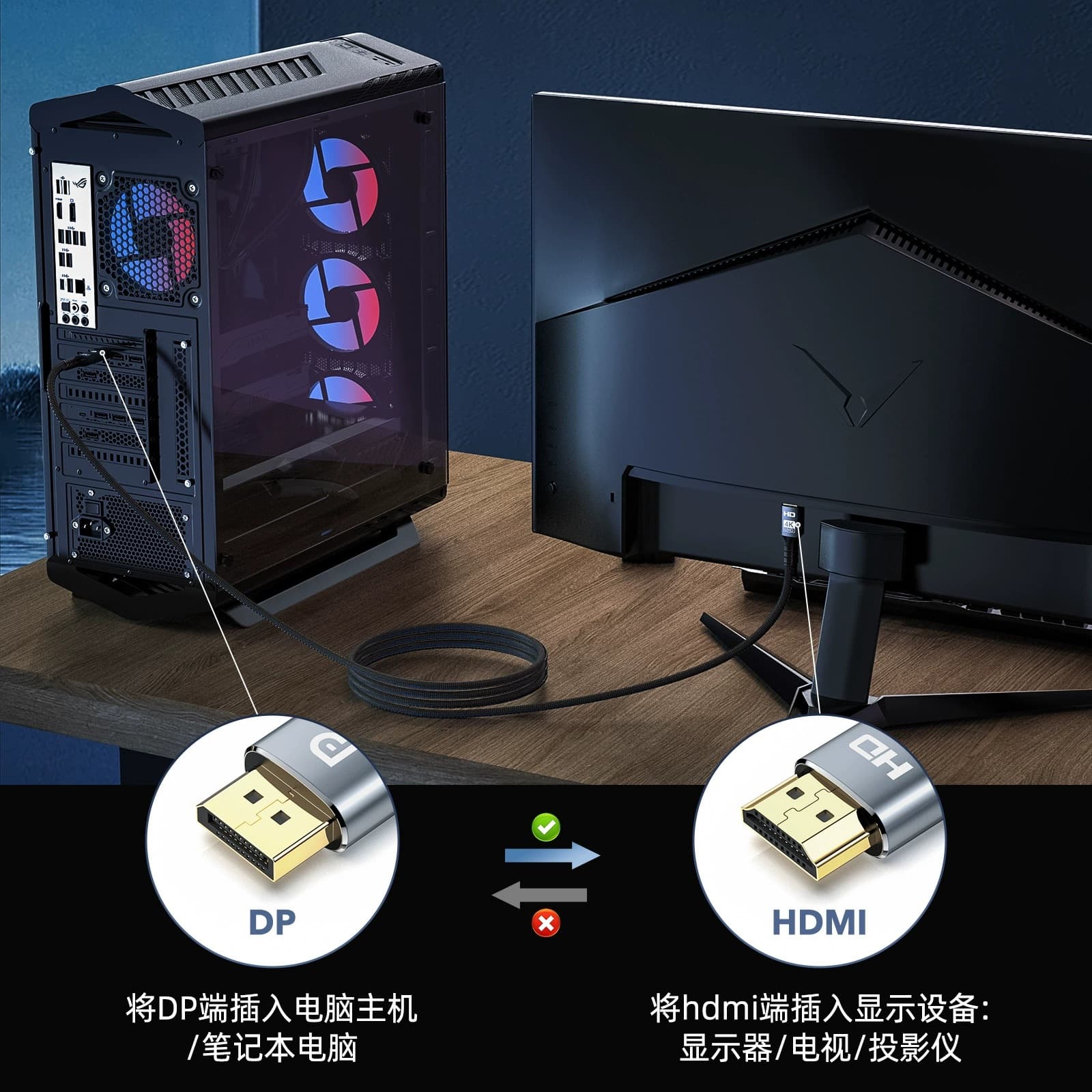 Cross-border DP to HDMI High-Speed Cable 4K60Hz Adapter Cable for Computer Graphics Card Monitor TV Projector Screen Mirroring