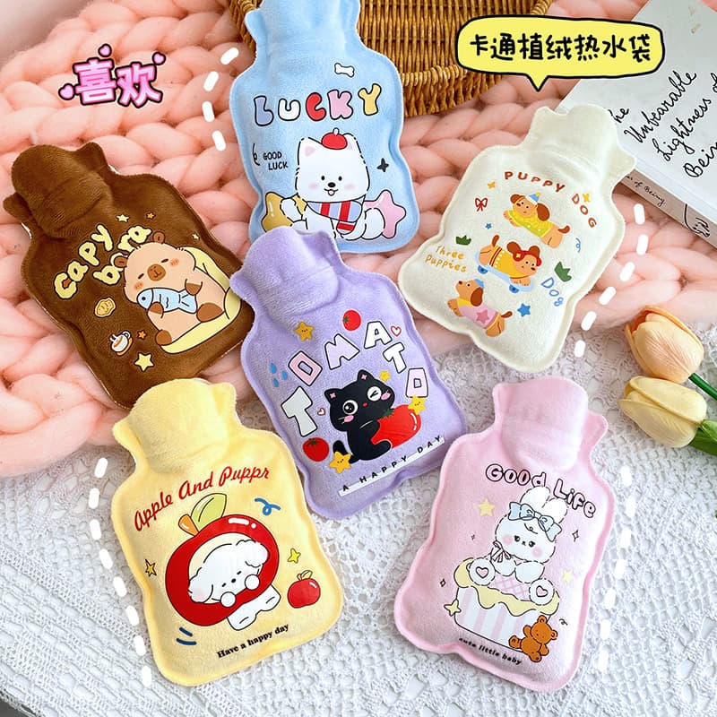 2025 Style Flocked Small Water-Filling Hot Water Bottle, Winter Portable Mini Hot Water Bottle for Students, Cute Cartoon Hand Warmer