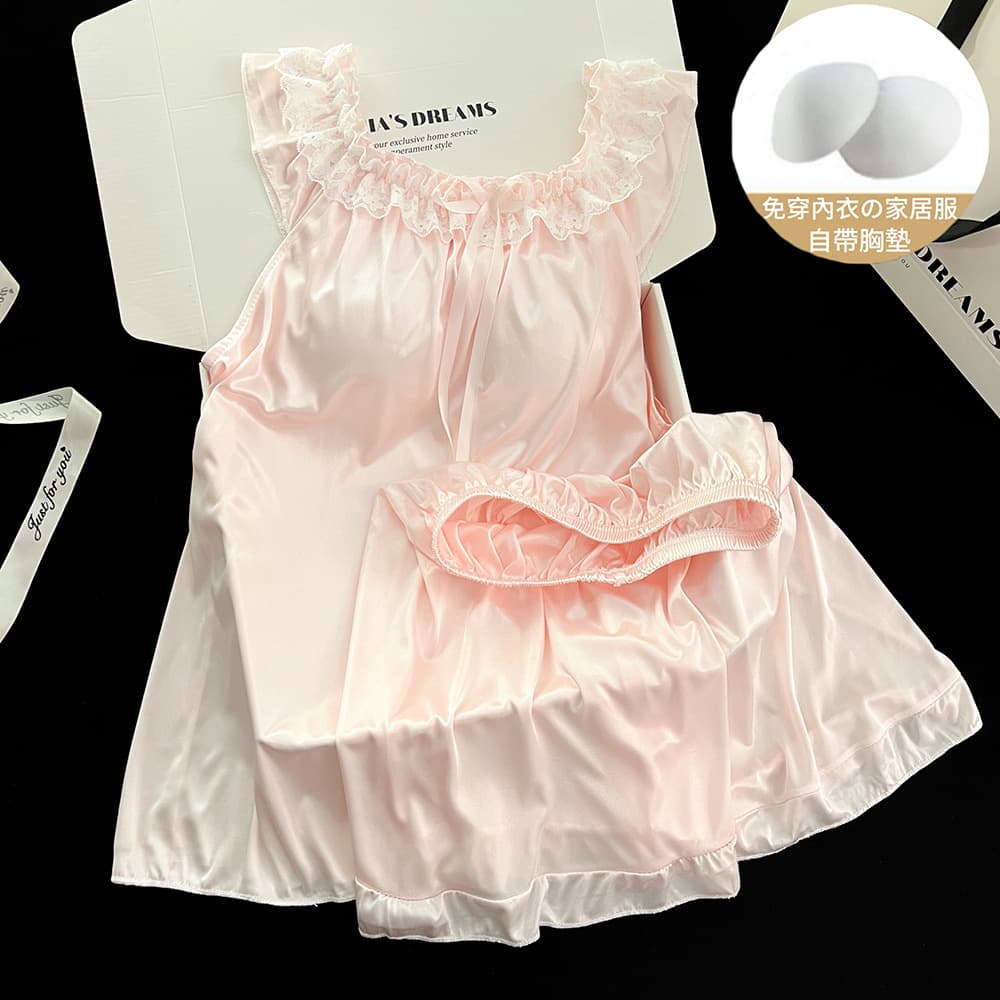 Women's Summer Pajama Set, Solid Color Lace Trim, Ice Silk Satin Smooth, with Built-in Pads, Flutter Sleeve Set