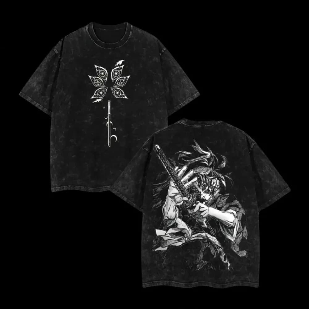 25 New Fashion Popular Anime Demon Slayer Kokushibo Legion T-Shirt Men's Washed Cotton Casual Loose Original