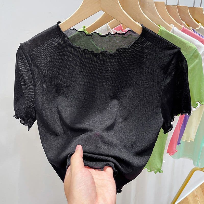 New Spring and Summer Candy Color Lace Camisole Women's Short Sleeve T-Shirt Thin Mesh Top with Ruffle Hem