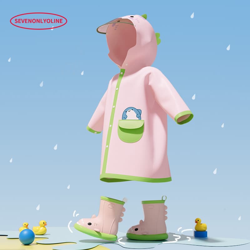 Kids' Cute Little Shark Raincoat Set with Waterproof Poncho and Rain Boots, Includes Backpack Slot for Elementary Students