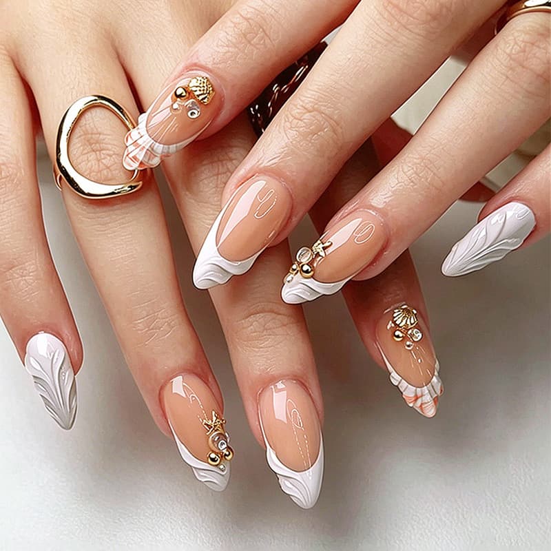White French Pearl White Bow False Nails Flesh Color Nude Almond Press-On Nails 24-Piece Box Set