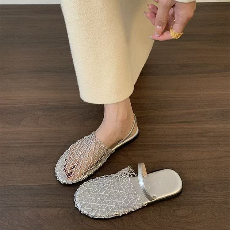 Trendy Fishnet Sandals for Women Spring Summer Beach Closed-Toe Flat Roman Sandals Fashion Ins Style