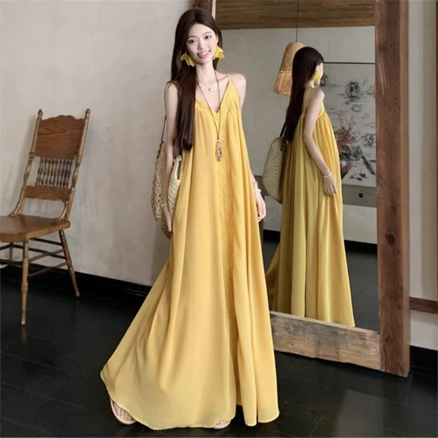Vacation Style French Slip Dress with Embroidered Collar, Yellow Dress for Women, Summer Loose Fit, Slimming Flared Skirt, Long Dress
