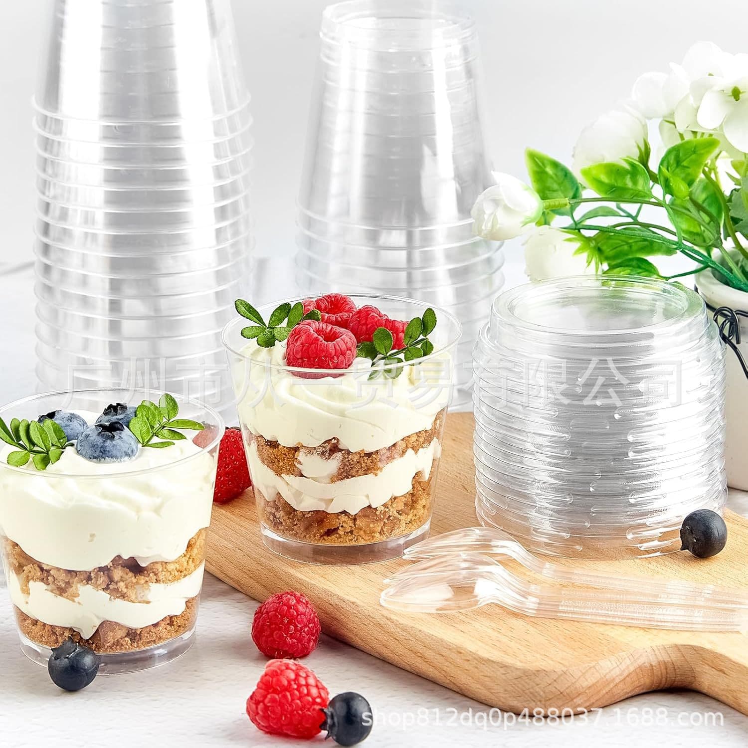 Disposable Dessert Cup Mousse Cup Wood Chip Cup with Lid Square Round Transparent Cake Cup Ice Cream Plastic Cup
