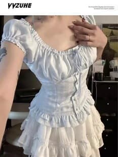 Sweet Spicy Style Square Neck Tie Bubble Sleeve Shirt Top Set Women Summer New Lace High-Waist Skirt Two-Piece Set